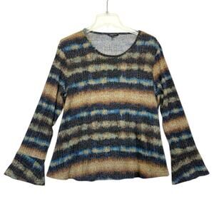 Striped Bell Sleeve Ribbed Top Women’s XL Blue Brown Boho 70s Style